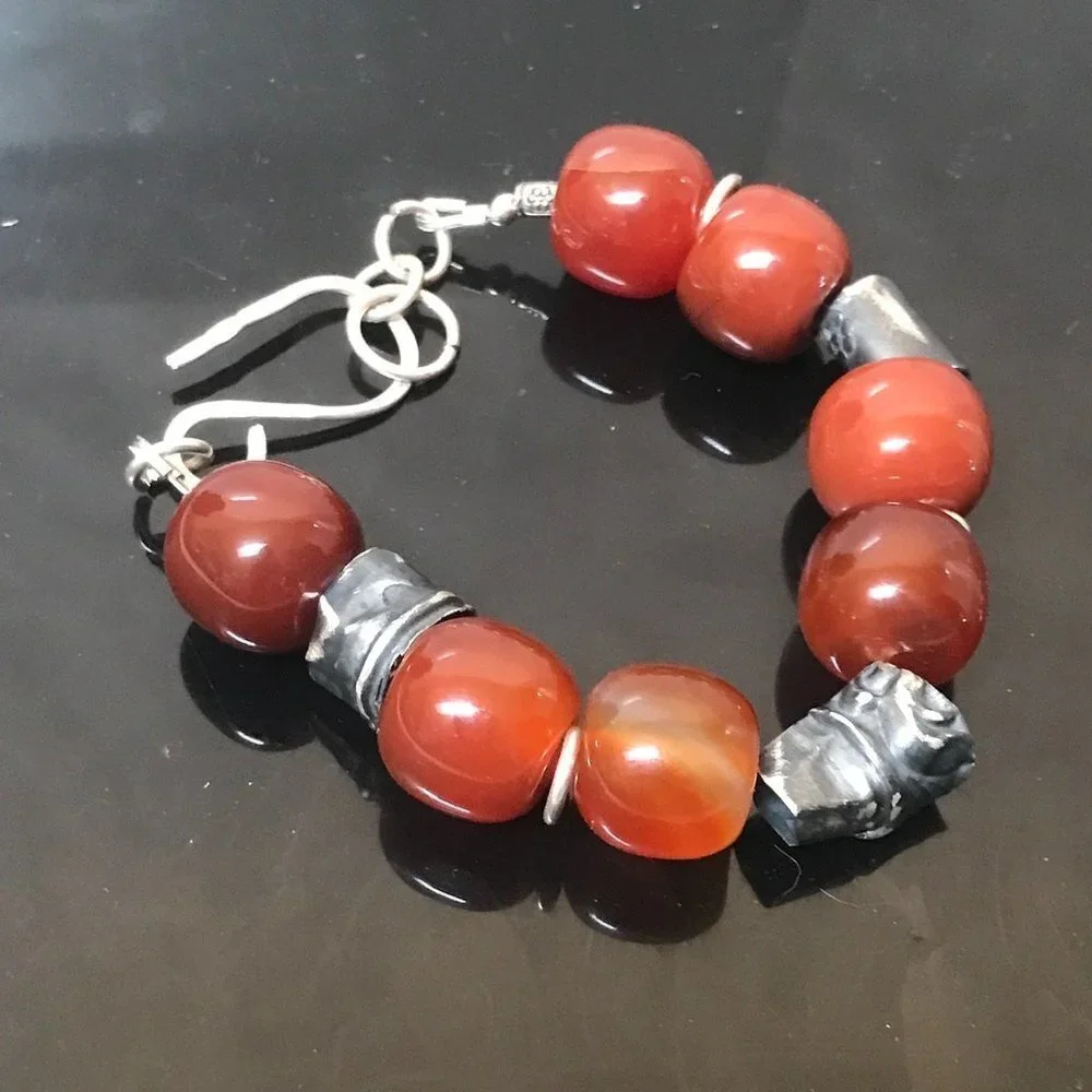 Barrel Carnelian Chunky Bracelet Sterling Silver Tribal Rustic Primitive 925